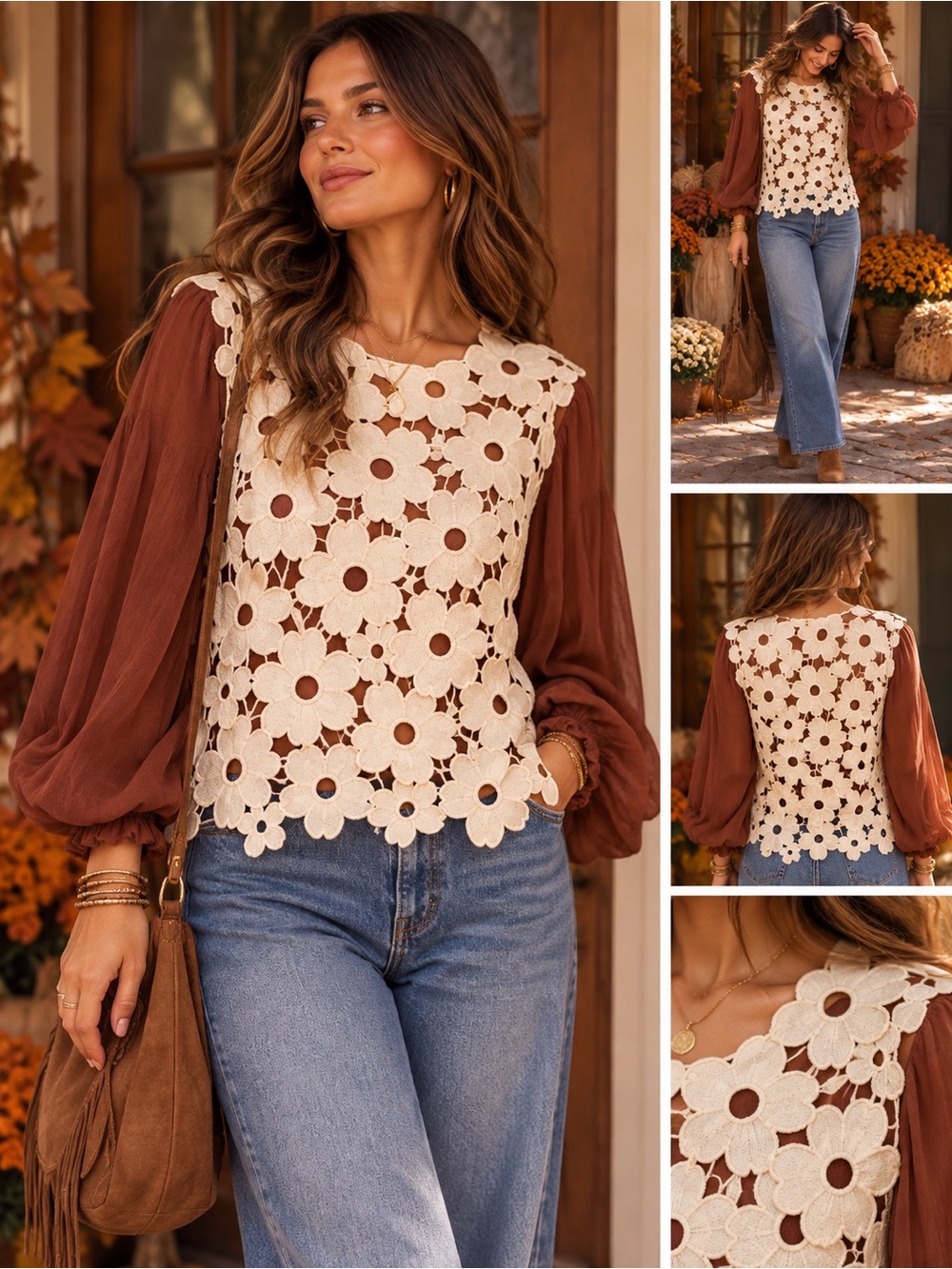70B. Crochet Cream Floral Panel Vest